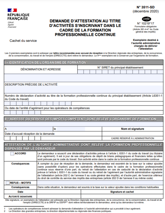 Demande d'attestation d'exonération de TVA pour les organismes de formation