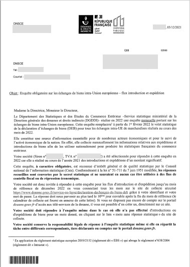Courrier de l'Administration Enquête statistique EMEBI